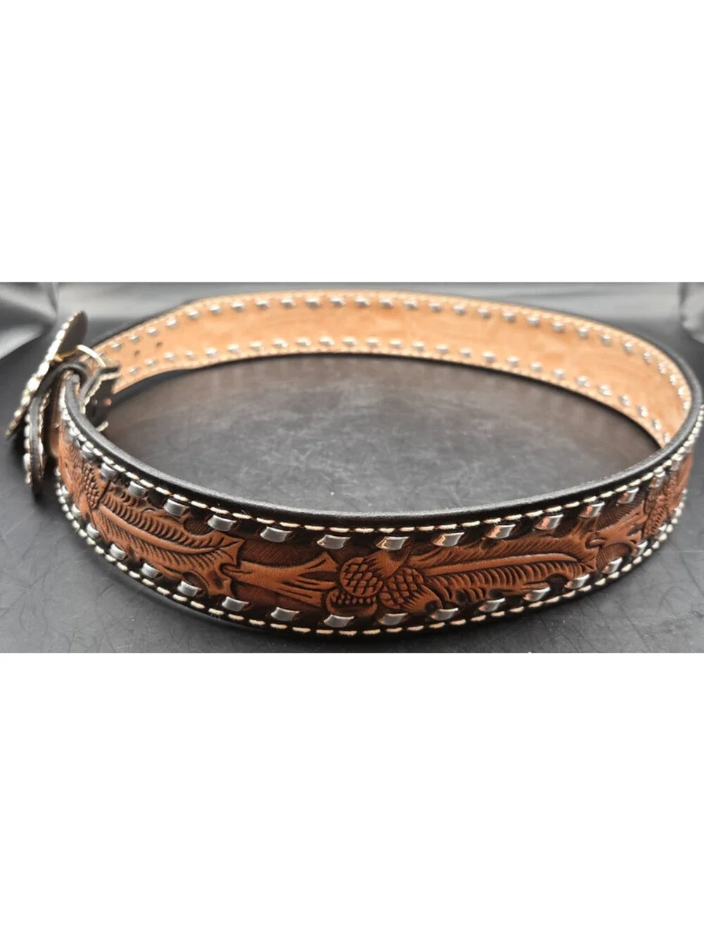 TANDY Western Leather Belt Mens 36 Brown Hand Tooled Floral Silver Studded 1.5in